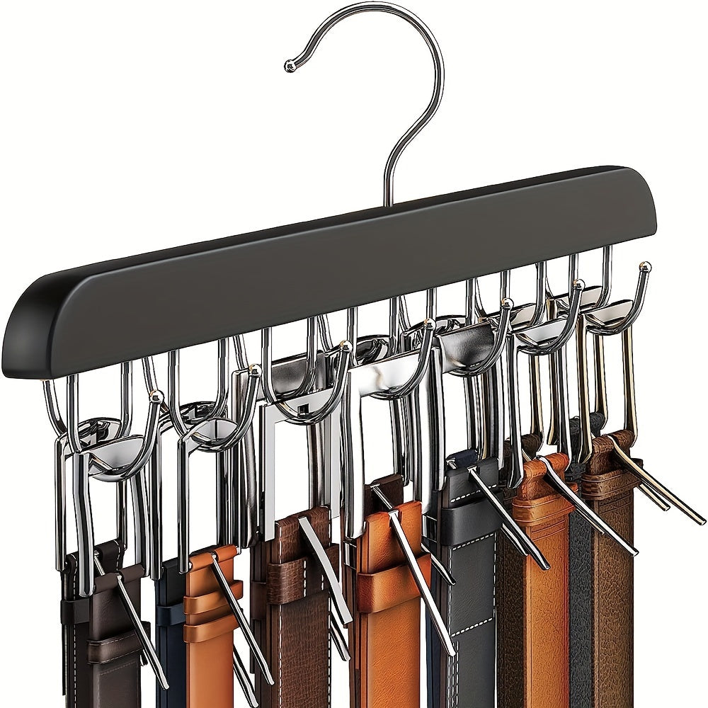 Wooden belt rack with 14 hooks saves space - perfect for organizing belts, ties, scarves, and more. Can hold up to 42 items. Great for home storage, suspenders, hats, and organizing your wardrobe.