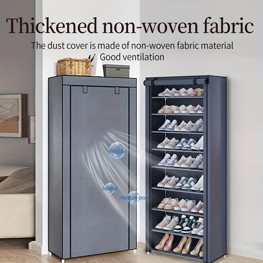 A single piece, 10-tier, durable and spacious shoe rack perfect for the bedroom doorway. This vertical storage solution can hold 18-22 pairs of shoes and comes with an independent cabinet featuring a dust cover for added protection.