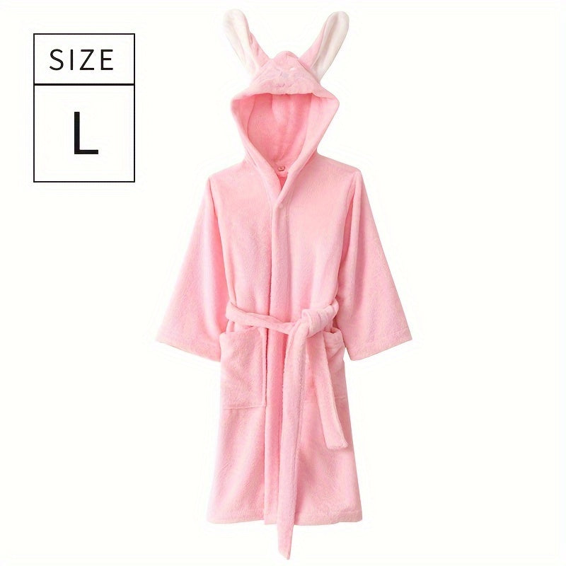 Children's bathrobe with cute rabbit face design, made of quick-drying absorbent cotton. Perfect for home or bathroom use.