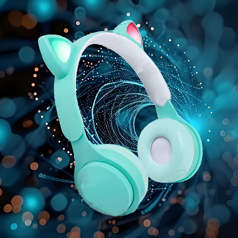 Wireless headset with foldable, luminous cat ears and colorful LED lights, perfect gift for birthdays, travel, and everyday use on tablets, computers, TVs, and cellphones.