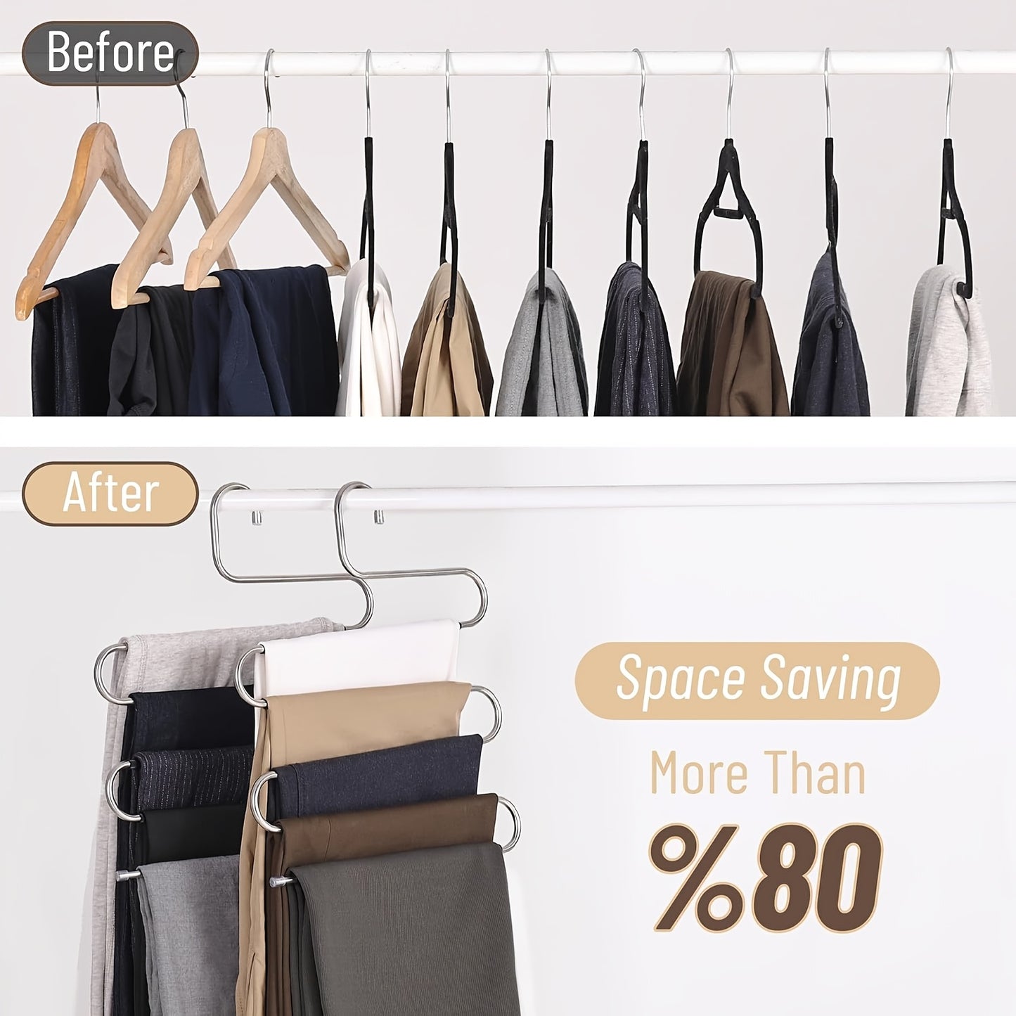 5-Tier Stainless Steel Pants Hanger for Closet Storage, S-Shaped, Non-Slip, Ideal for Jeans & Trousers, Space-Saving Design for Neat Wardrobe Organization.