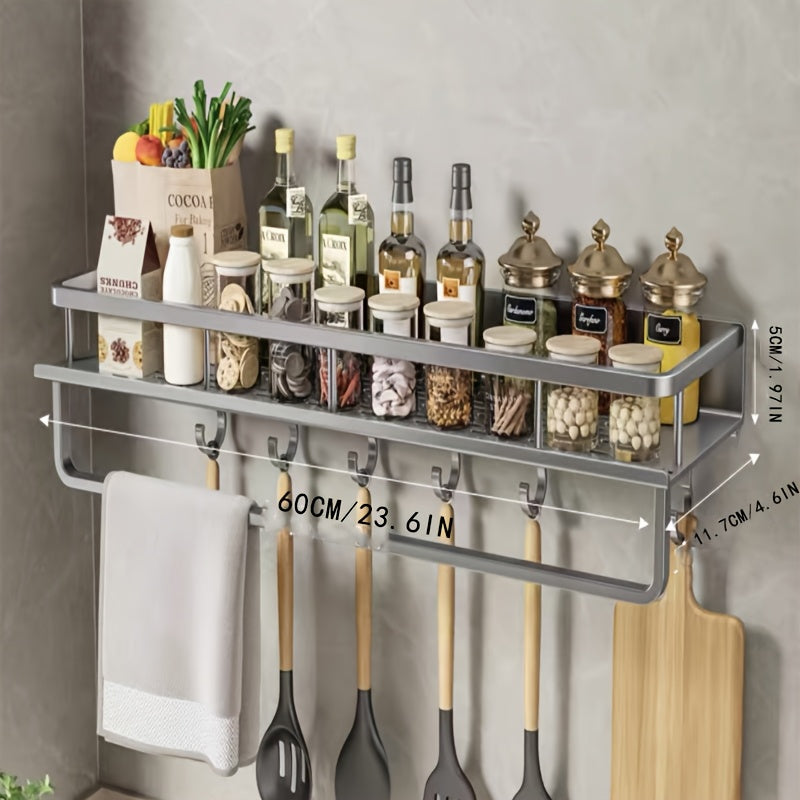 A sleek Aluminum Spice Rack featuring a polished finish, simple wall-mount installation, and versatile design for organizing your kitchen and bathroom essentials. Effortlessly store spices and other cookware with this space-saving, punch-free storage