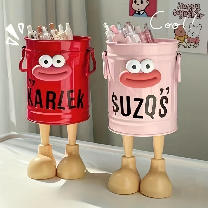 2-in-1 Cute Cartoon Character Desk Organizer with DIY letter stickers, sausage mouth & toe shoes design - Green, office accessory for women.