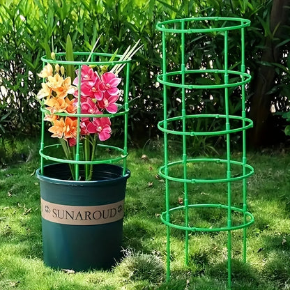 60 green plastic flower pot stakes with 10-layer stackable plant support rings for potted plants. Includes flower support hooks and hangers for outdoor gardening.