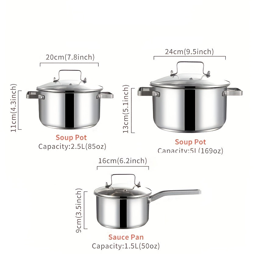 Upgrade your kitchen with the Pure-Cook 3-piece Stainless Steel Cookware Set, featuring glass lids and a mirror finish. This set is food safe and includes a sauce pan and stock pot suitable for induction, electric, and gas stoves. Dishwasher safe for