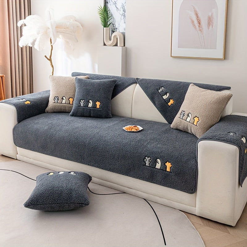 Plush Shearling Sofa Cover with Animal Embroidery - Pet-Friendly, Non-Slip Protector for All Sofa Sizes - Soft Decor for Living Room, Bedroom, Office.