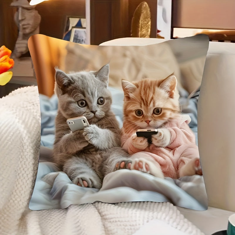 Adorable kitten print pillowcase - French style, 44.96cm x 44.96cm, machine washable, zippered closure, 100% polyester. Ideal for living room and bedroom decor (pillow insert not included).