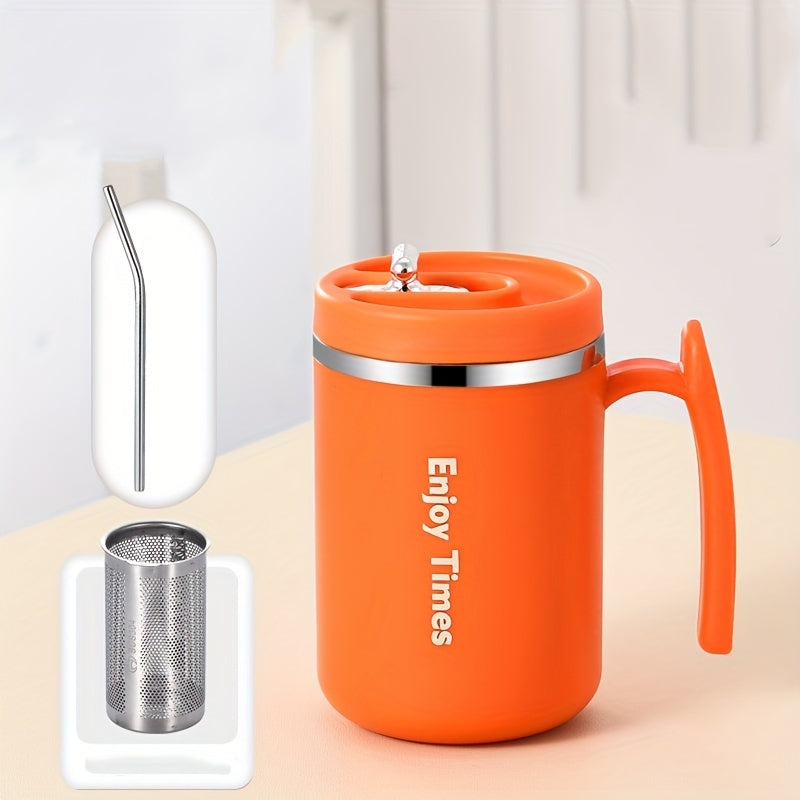 Stylish stainless steel coffee mug with straw, handle, perfect for office, reading, camping. Available in orange, light blue, cream, ideal for drinking coffee or tea.