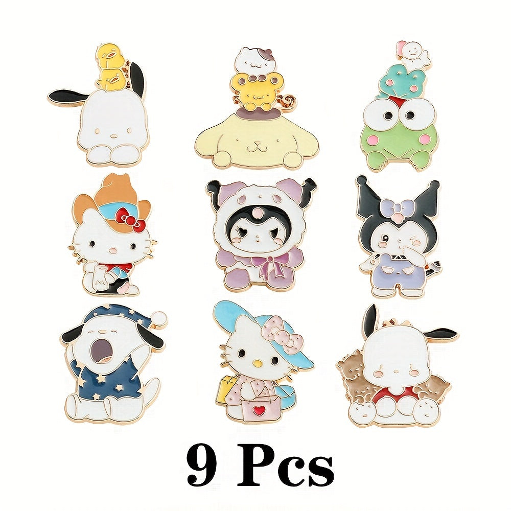 Cute Sanrio Cartoon Kulomi Brooch Set of 9, featuring adorable animal designs with colorful zirconia accents. Made from zinc alloy enamel, perfect for accessorizing backpacks, clothing, and jewelry as a charming holiday gift.