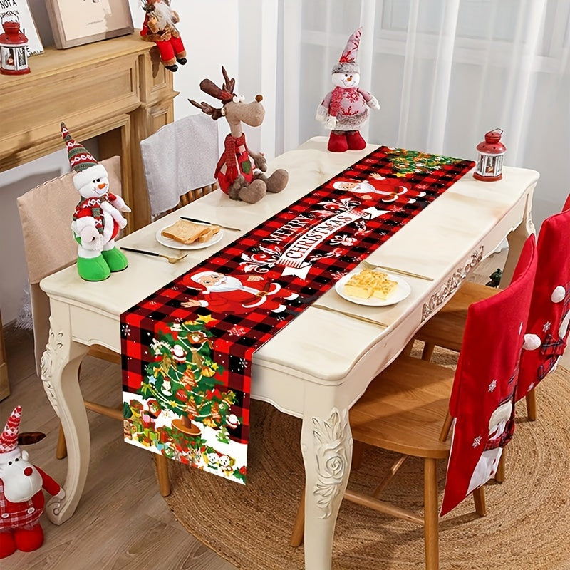 Polyester table runner featuring Santa Claus and reindeer designs, perfect for holiday gatherings and winter home decoration.