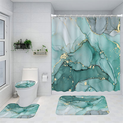 Teal Marble Pattern Shower Curtain Set with Mats and Hooks, Waterproof and Aesthetic Bathroom Decor