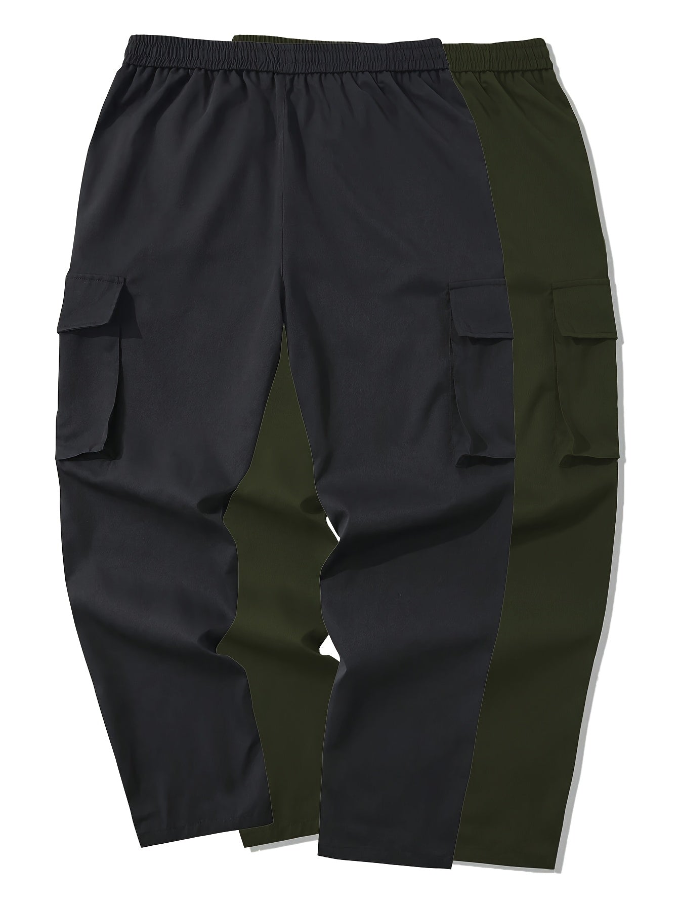 2 men's cargo pants in black and gray with drawstring waist, multiple pockets, made of durable polyester. Perfect for outdoor activities and casual wear.