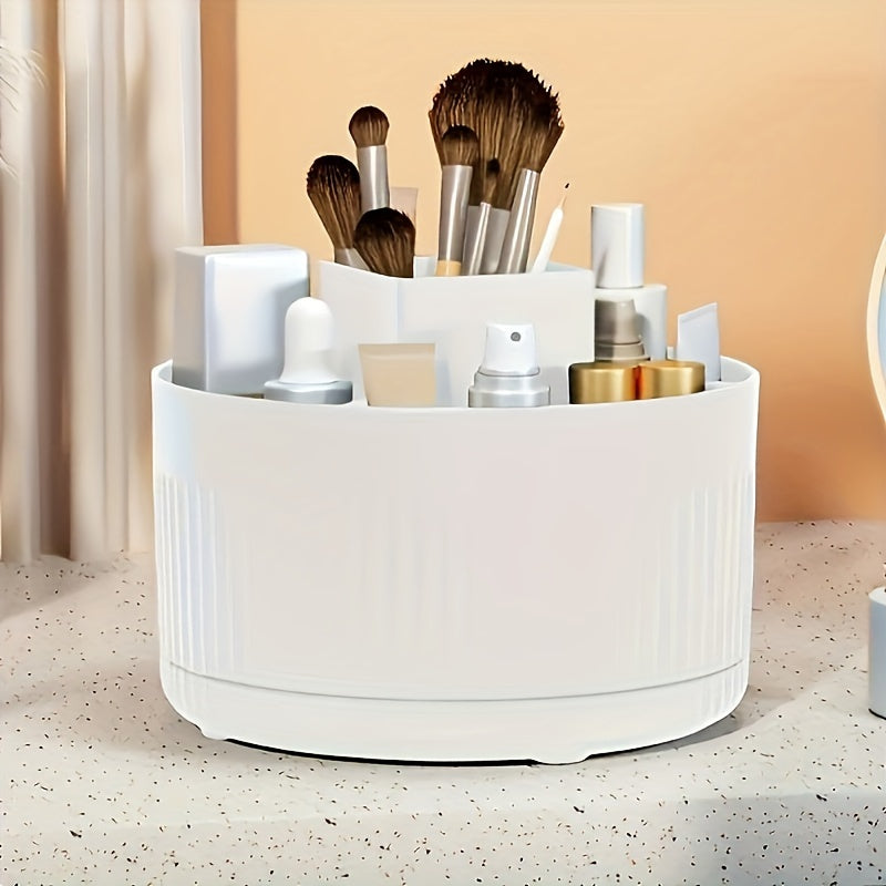 Rotating makeup organizer made of glossy ABS plastic, ideal for storing cosmetics on countertops in bedroom, vanity, or bathroom.