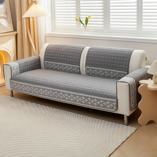 Gray velvet waffle sofa cover with lace detailing, non-slip and pet-friendly. Fits 1-4 seater sofas, machine washable.