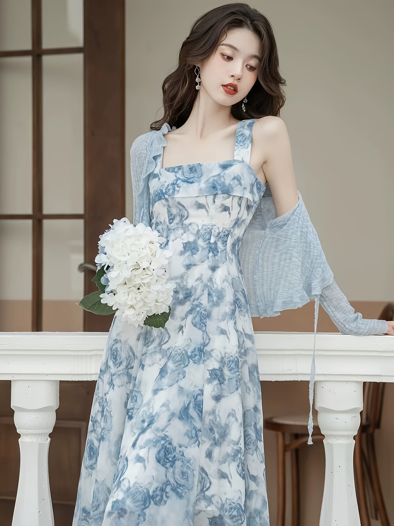 Floral print strap dress set with ribbed cardigan and A-line dress, women's clothing.