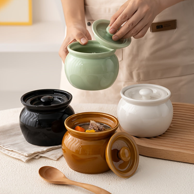 Single serving ceramic stew pot with lid in multiple colors. Leak-proof and food-safe, perfect for soups, steaming eggs, and cooking vegetables. Can also be used for bird's nest dishes and healthy cooking. Comes with the option of a wooden spoon. Great