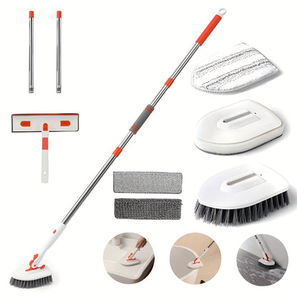 The Ultimate Cleaning Essentials Kit includes 10 pieces: 5 Extendable Rods, a Sturdy Hard Bristle Brush, a Microfiber Cloth, a Base Plate, 2 Scouring Pads, and a Water Squeegee. Perfect for efficient cleaning in the bathroom, kitchen, and on floors.