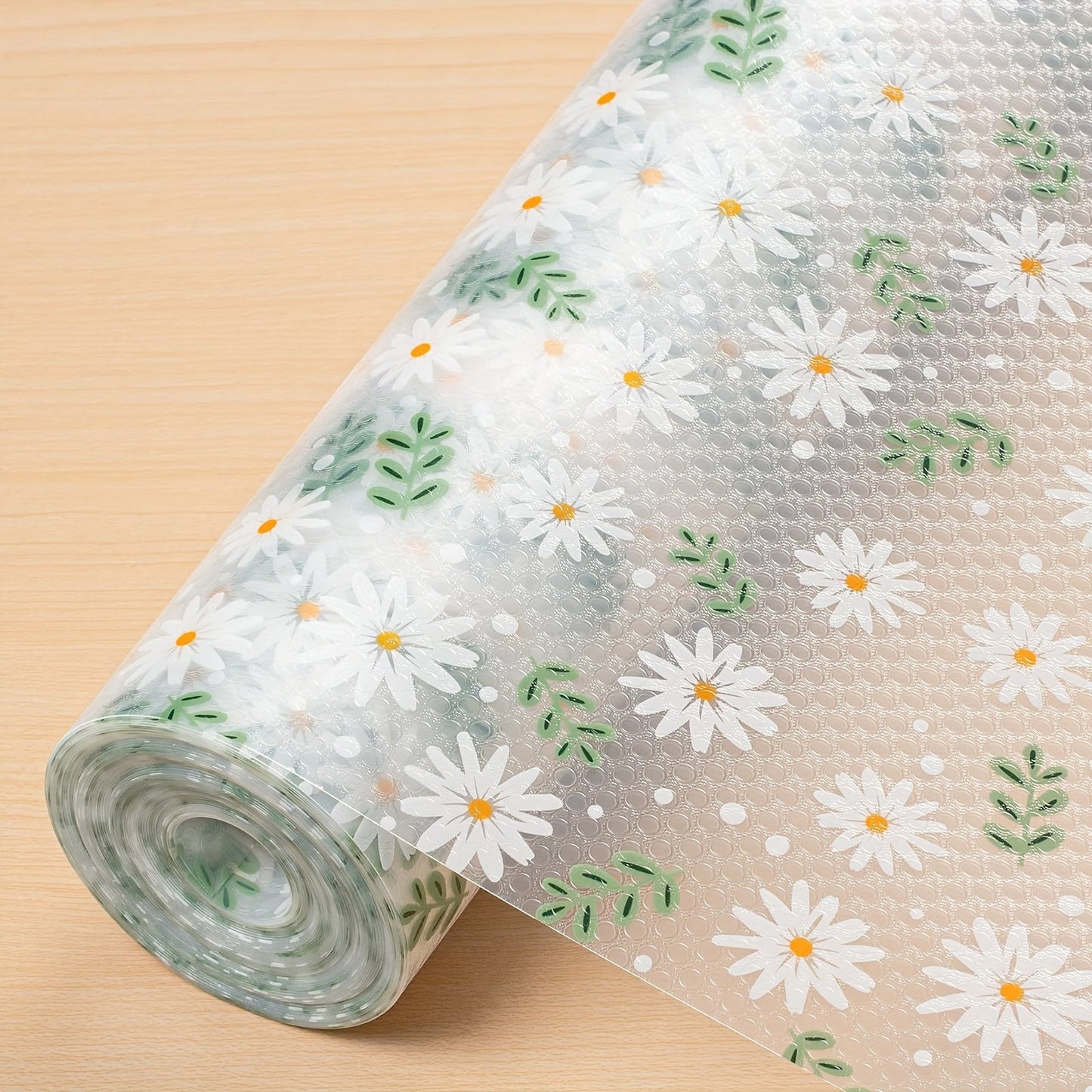 Green Daisy Pattern Shelf Liner - Waterproof Non-Slip Cabinet Liner for Kitchen Organization and Storage