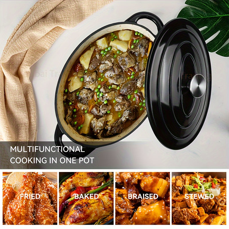 Durable Enamel Oval Dutch Oven Featuring a Self-Basting Lid - Nonstick Design Made from Cast Iron for Versatile Cooking and Baking. Multipurpose Casserole Dish with Convenient Double Handles, Resistant to Scratches and Simple to Maintain and Clean.