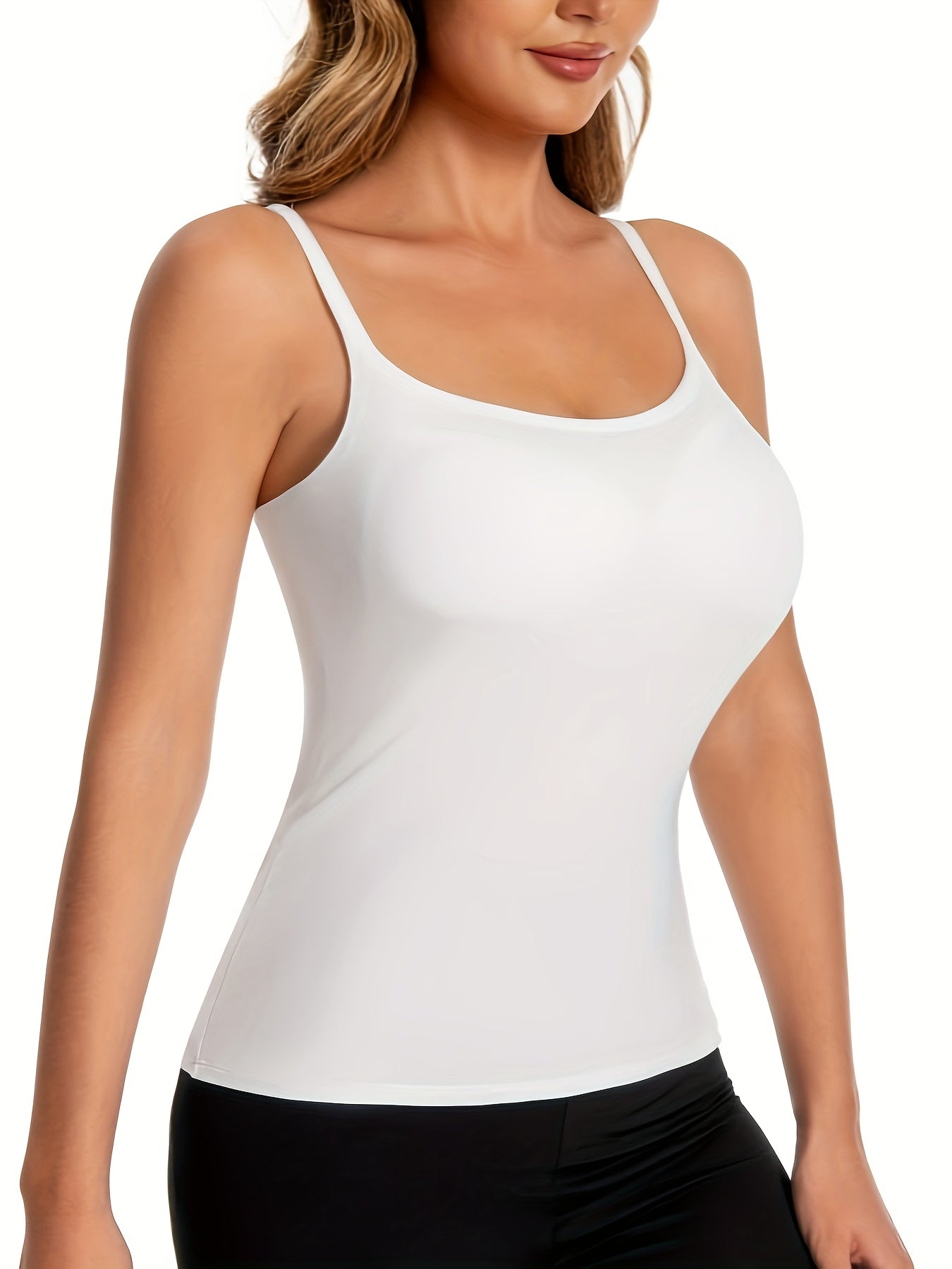 3 women's cami tops with built-in bra, sexy backless design, perfect for home or out. Stretch fit with bra cups, suitable for wearing outside.