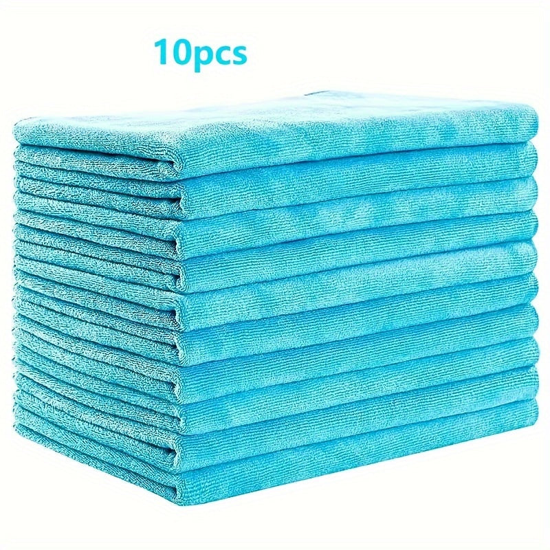 10-piece towel set made of super soft, super absorbent polyester fiber, suitable for various uses including bathroom, gym, hotel, spa, barber shop, beauty salon, and commercial cleaning.