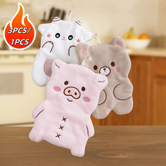 1/3pcs Coral Velvet Hand Towel featuring Cute Animal Shape, Hanging Style for Convenient Use, Strong Absorbency, Quick Drying, Suitable for Kitchen and Bathroom.