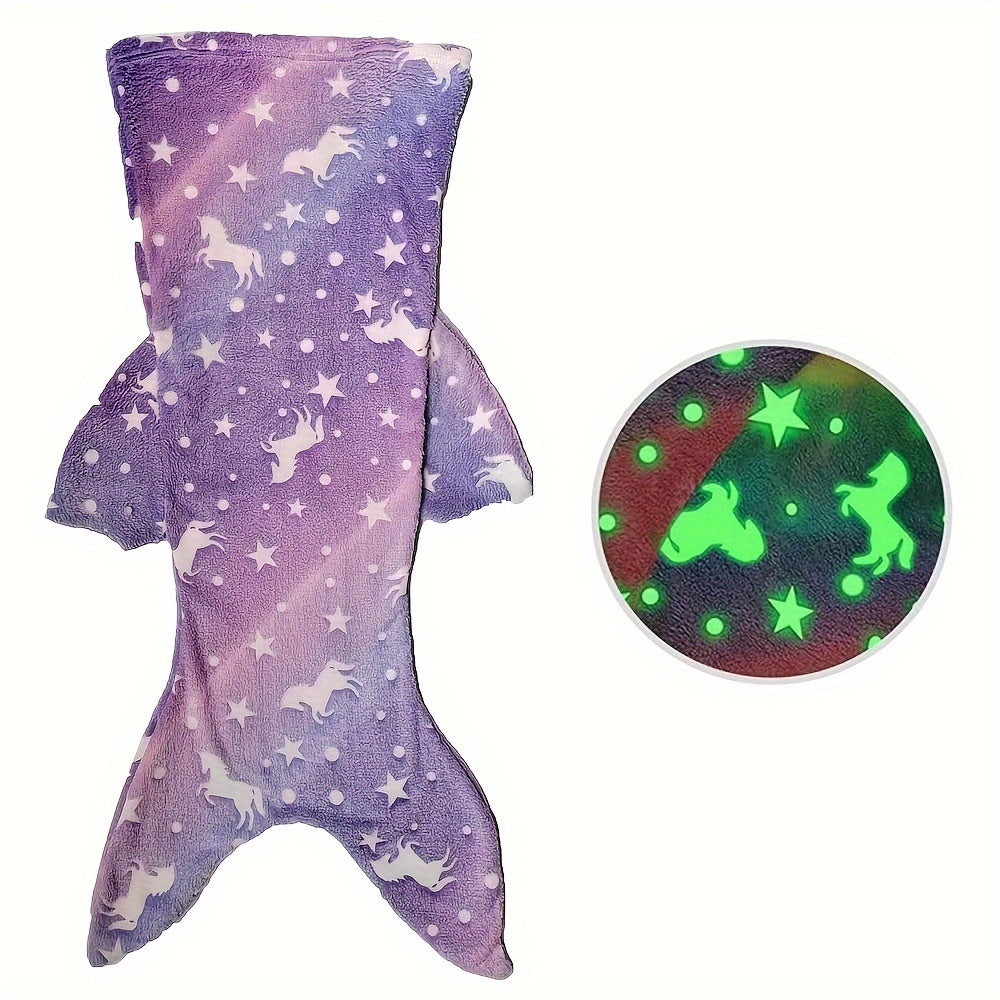 Soft Flannel Rainbow Blanket for Cozy Bedtime Comfort featuring a Glow-in-the-Dark Mermaid Starry Night Print.