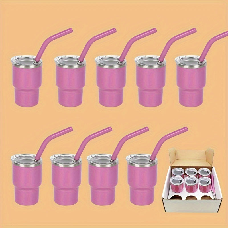 9 stainless steel shot cups with lids and straws, perfect for home or commercial use.