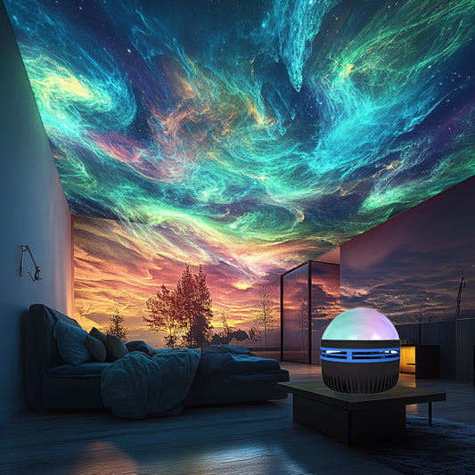 Experience the stunning beauty of the Aurora Borealis with our 1-piece LED Projection Night Light. This USB-powered multicolor Northern Lights projector comes with a remote and adjustable brightness, making it ideal for any room in your home or office.