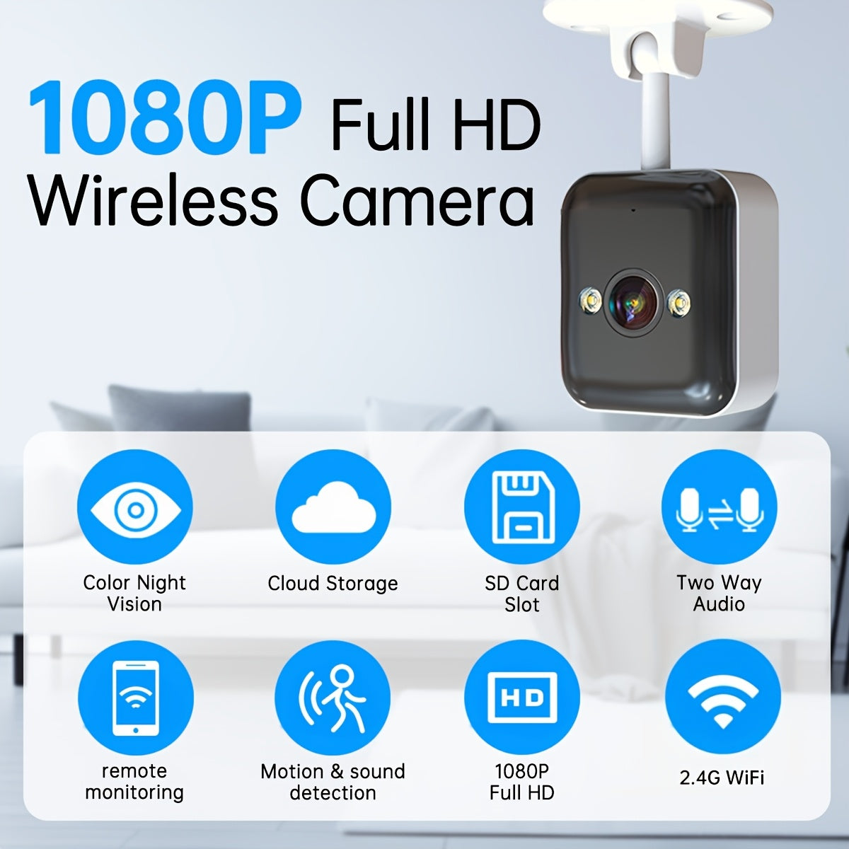 Wireless Security Camera offers Full-Color Night Vision in 1080P HD, Two-Way Audio, and Motion Detection. USB Powered, with Built-in WiFi & App Support. Includes AP Hotspot for use without Internet connection.