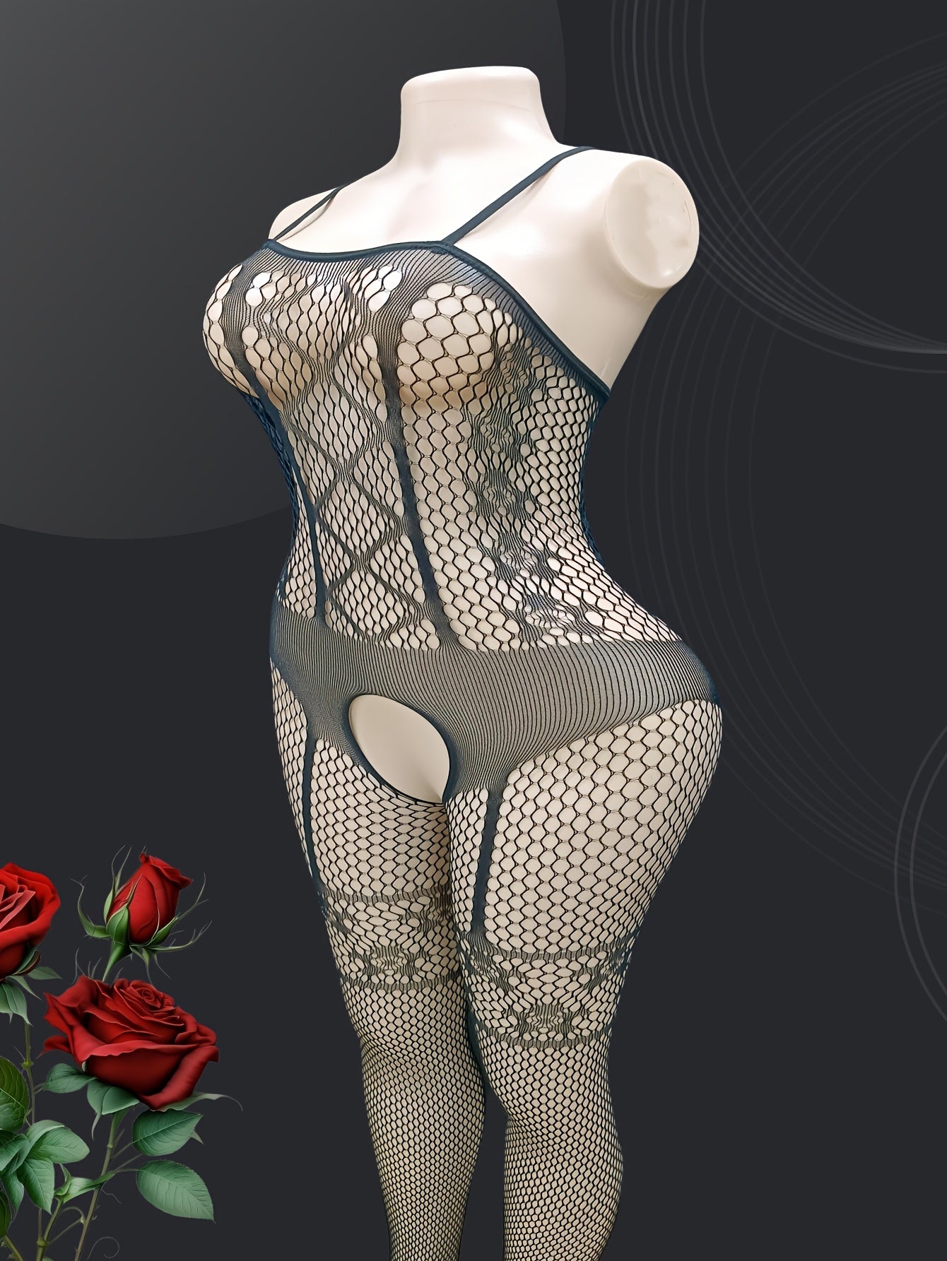 Seductively sheer mesh bodysuit with garter socks and intricate jacquard design.