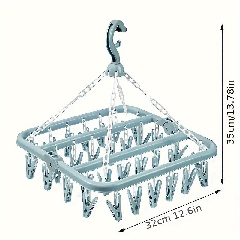 This durable foldable hanger features a large capacity with 32 clips, making it perfect for storing socks and underwear in the bathroom, bedroom, closet, or wardrobe. Available in pink, blue, and green, this plastic hanger is a convenient solution for