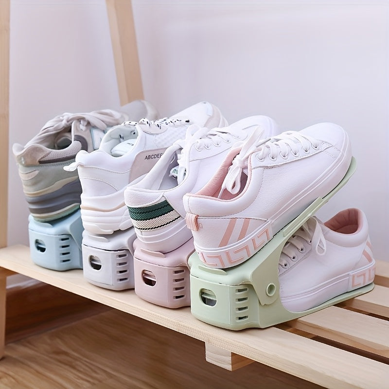 Space-saving double-layer shoe rack with adjustable storage box, ideal for organizing closets. Can hold sneakers, slippers, and flip-flops. Features ventilation for keeping shoes fresh. Comes in 1, 5, 10, 15, and 20 piece sets.