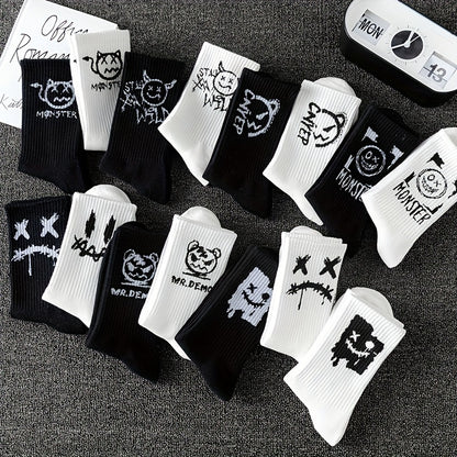 Men's trendy graffiti crew socks, 3/5/8/10 pairs, breathable and comfy for outdoor wear