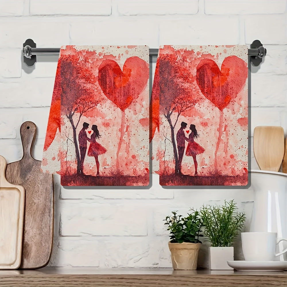 Valentine's Day Kitchen Towels Bundle - Set of 2, Modern Coastal Design, Highly Absorbent Polyester Knit Material, Easy to Clean in Washing Machine, Size 40.64x60.96 cm, Featuring Love & Glitter Theme for Festive Decoration.