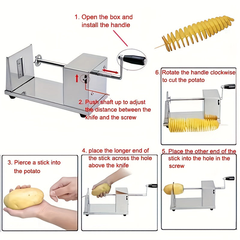 Manual potato slicer made of stainless steel with an alloy steel blade. This slicer is hand-operated and does not require any power. It has a rectangular shape and can be used to spiralize vegetables and fruits.