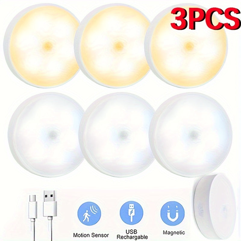 3-Pack AMill LED harakat sensorli chiroqlar, USB orqali zaryadlanadigan batareyalar, sozlanadigan yorqinlik va turli foydalanishlar uchun magnit o'rnatish.