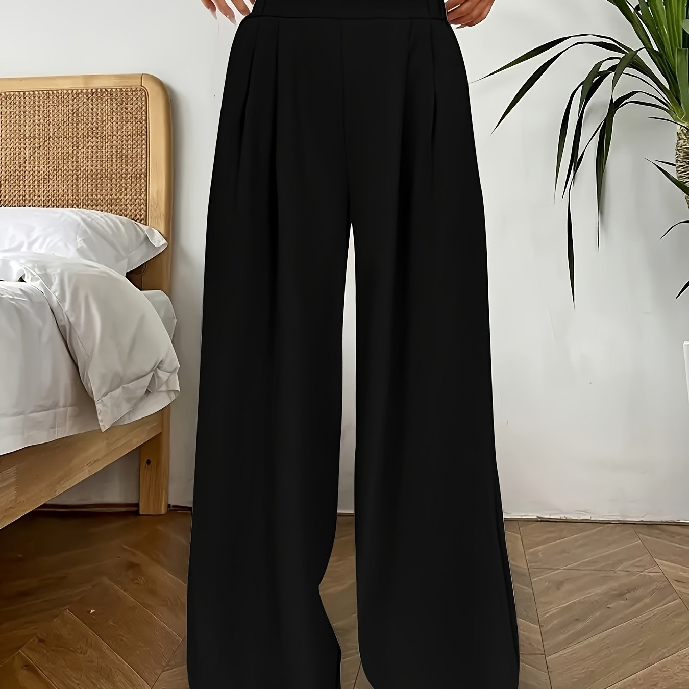 Women's High-Waist Loose Pants with Pleated Detail and Pockets, Machine Washable, Polyester Blend, Glossy Surface Fabric.