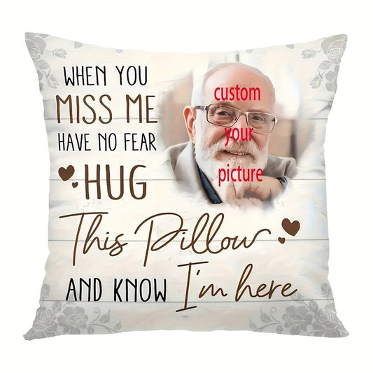 Customize your own photo commemorative polyester throw pillow with a short plush memory cushion cover. This custom hug pillowcase is perfect for remembrance, love, and comfort. Sized at 45.72x45.72 cm, it is suitable for ages 14 and up. Note: Cover only