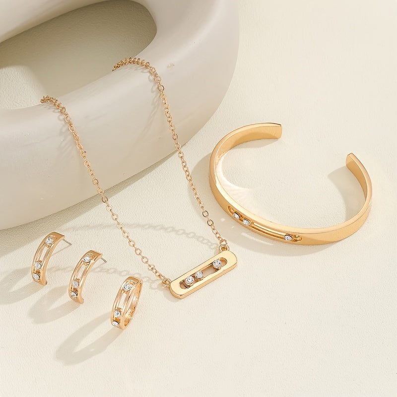 Zinc Alloy Jewelry Set with 5 Pieces, Featuring Simple Urban Fashion with Rhinestone Mosaic, Geometric Ellipse Design. Perfect for Daily Wear or Party Occasions. Includes Necklace, Bracelet, Earrings, and Pendant.