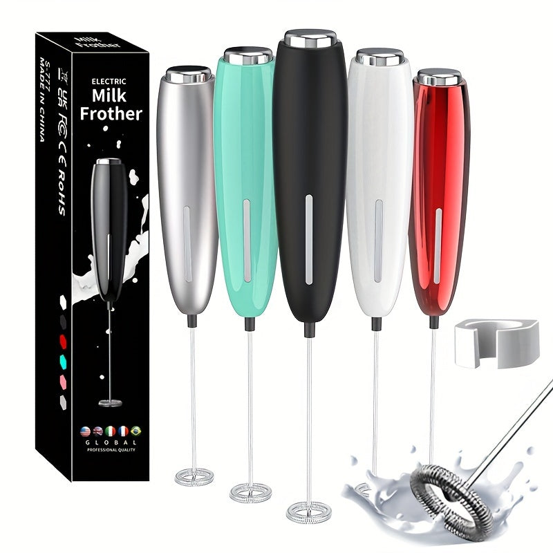 Battery operated handheld milk frother for creating creamy foam in drinks, perfect for coffee and cappuccinos.