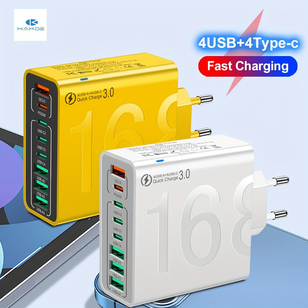 KAXOE 8in1 Fast Charging USB Phone Charger with 4 USB and 4 Type-C ports, QC 3.0 compatible for iPhone and Samsung.