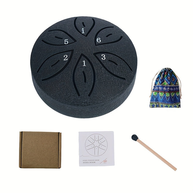 Mini steel tongue drum set with 6 notes, mallets, music book, case, and accessories.