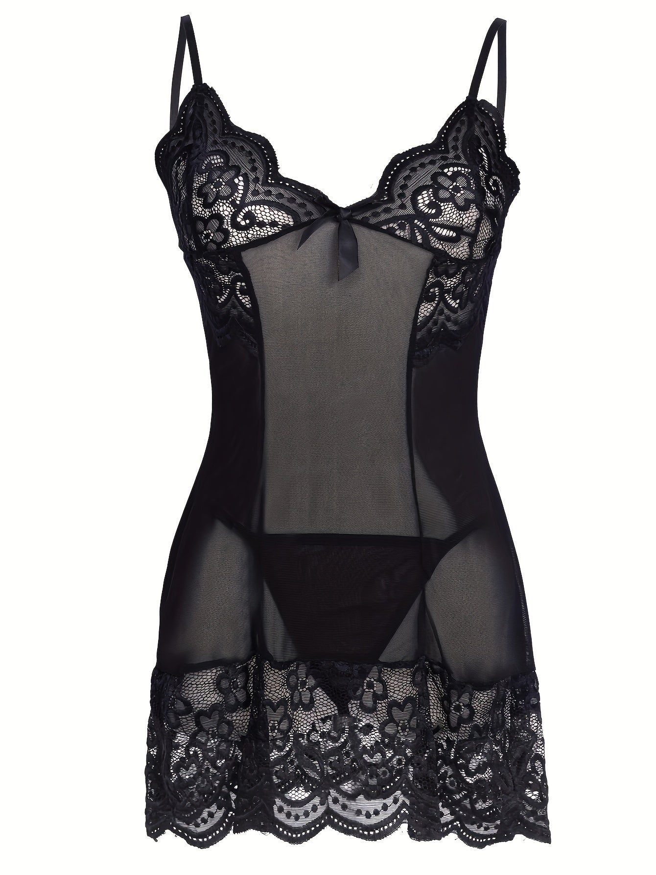 Women's black lace lingerie set includes a sheer slip dress with V-neck and matching thong featuring intricate floral patterns. Made from a soft polyester blend, perfect for romantic