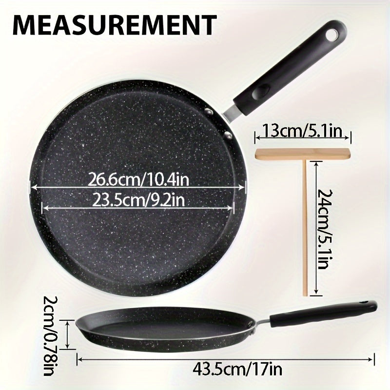 Non-stick pancake pan with diffuser, 10.5 inches in size and granite-coated. Versatile frying pan perfect for making pancakes, omelettes, burritos, chapatis, and more. Features a flat bottom and is suitable for use on induction cooktops. Free of PFOA and