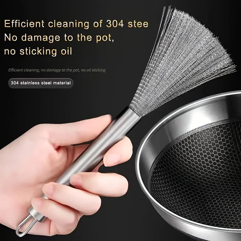 A stainless steel kitchen brush with a long handle and multiple functions, designed for cleaning pots and pans.