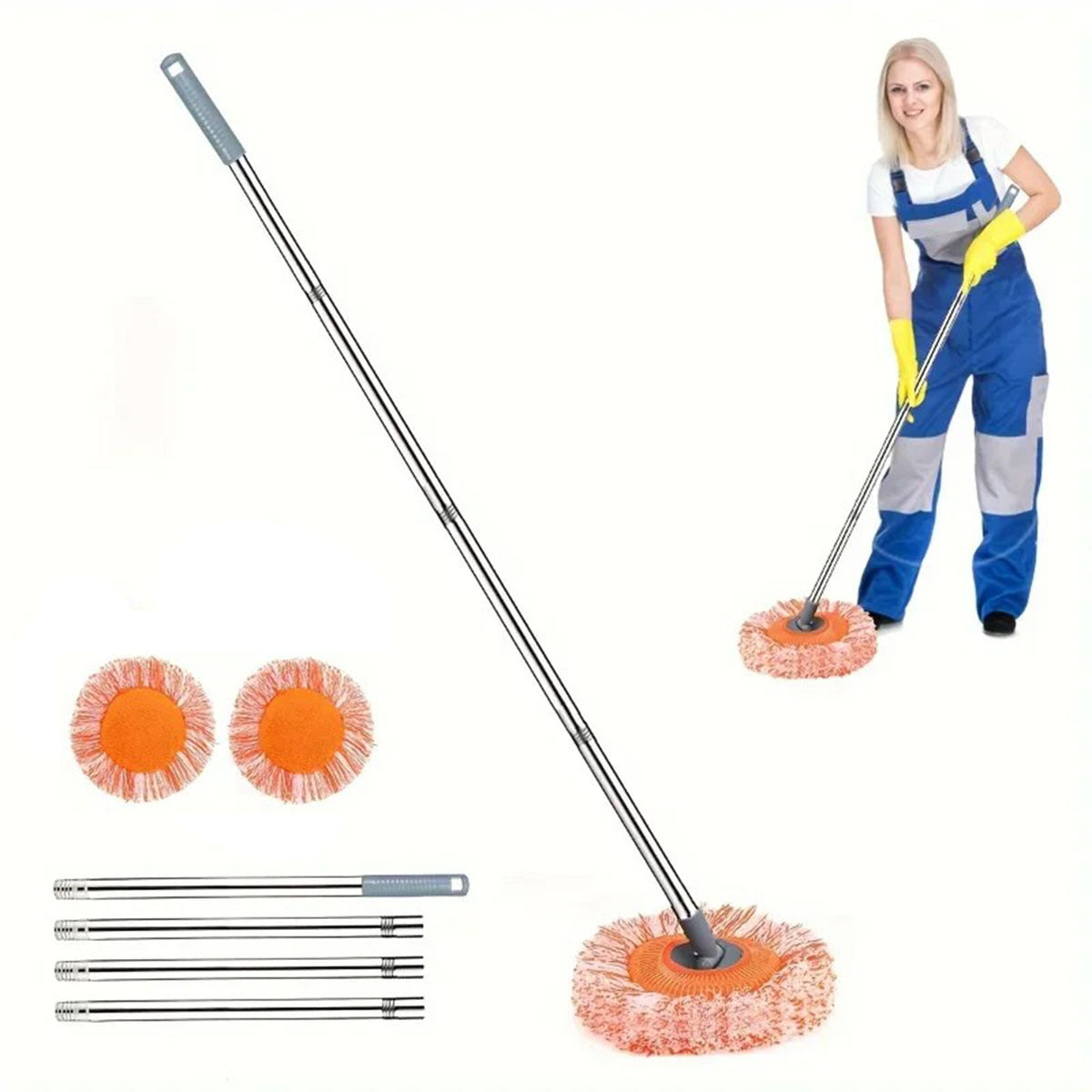 Mop suit with 360 ° rotating feature, round microfiber mop head that is dust-proof. Includes 4 sturdy steel pipes for support and 2 replacement mop heads for effective wall cleaning.