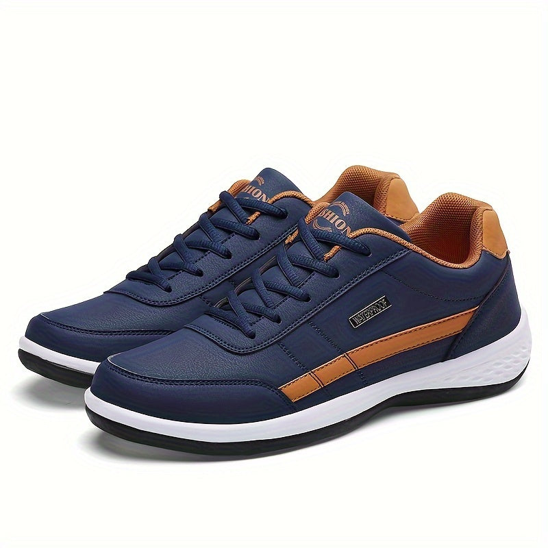 Men's road running shoes in navy blue with orange accents, lace-up style, featuring fabric lining, PU upper, EVA insole, and MD sole for durability and comfort, suitable for casual attire.