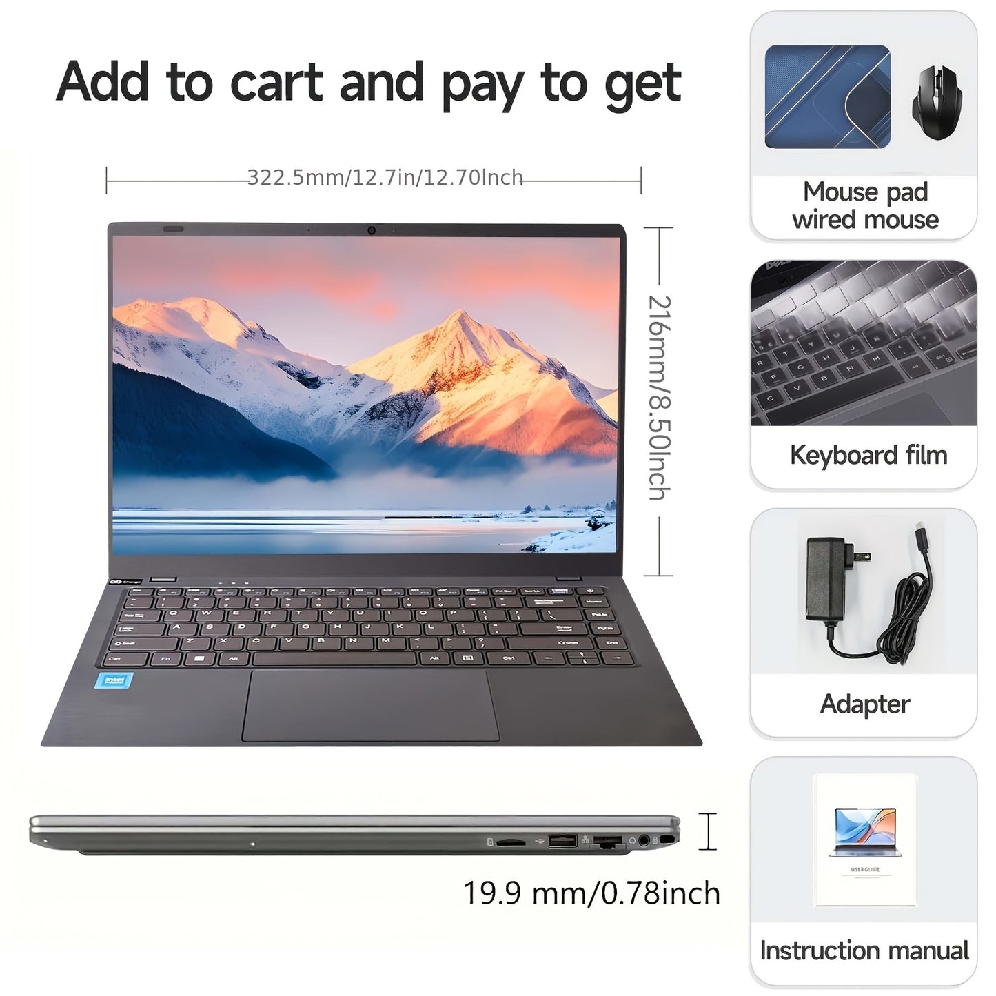 14-Inch Intel Celeron N4000 business laptop with 8GB RAM, 256GB SSD, FHD display, Wifi, USB, camera, Qwertz keyboard, and rechargeable battery. Ideal for office, entertainment, and online