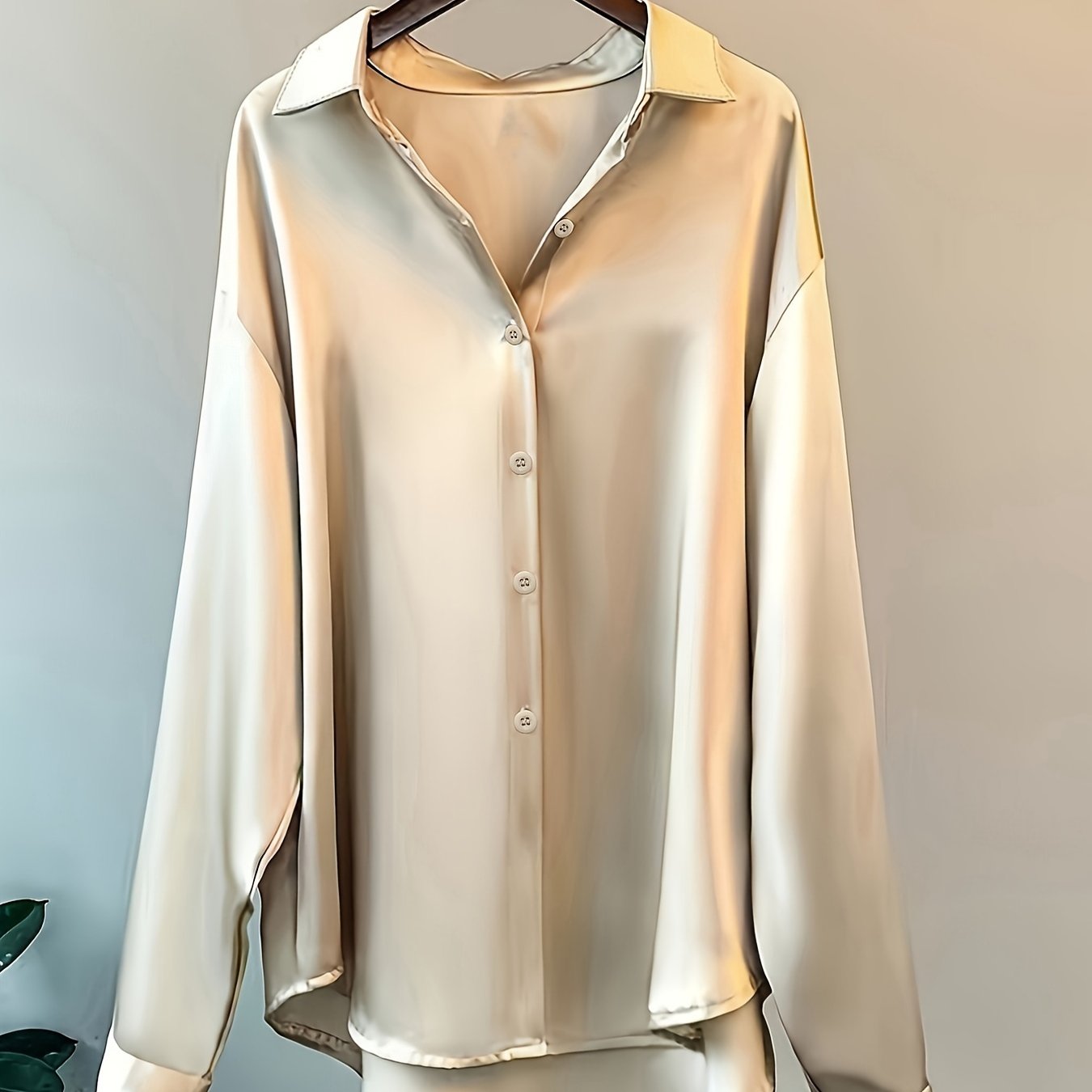 Women's Solid Color Button Front Shirt, Casual Long Sleeve Blouse perfect for Spring and Fall styling.